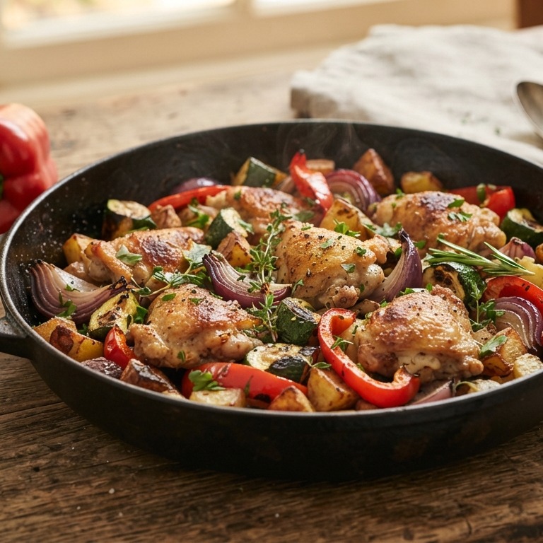 1 pansgerecht met kipfilet, courgette, paprika ui en aardappel recept
