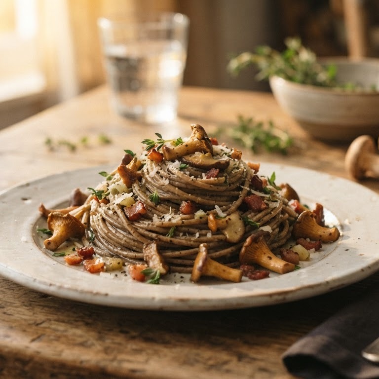 6 granen spaghetti met bospaddestoelen recept