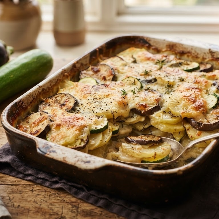 Aardappel-andersschotel met aubergine en courgette recept