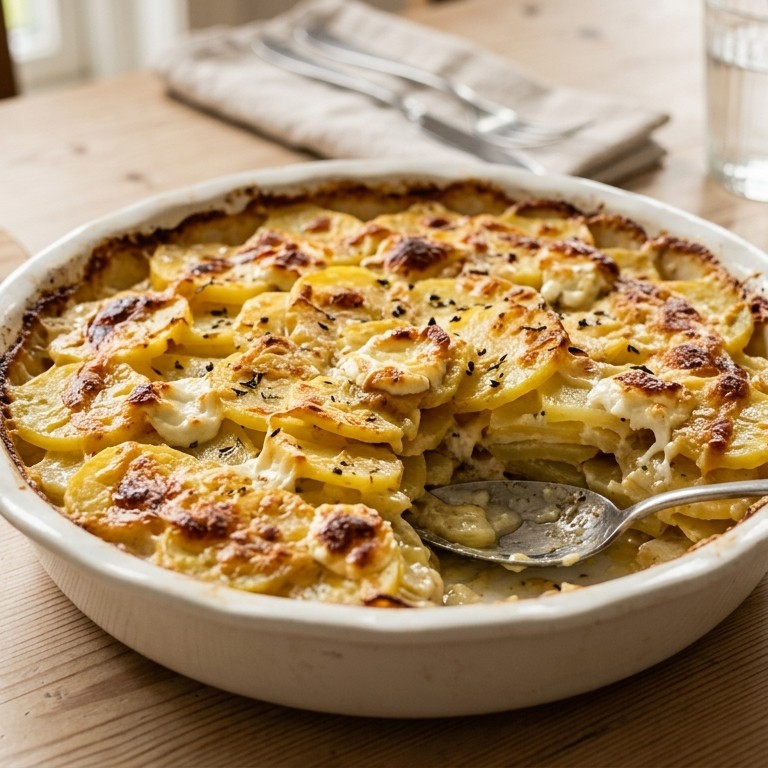 Aardappel gegratineerd met romige geitenkaas recept