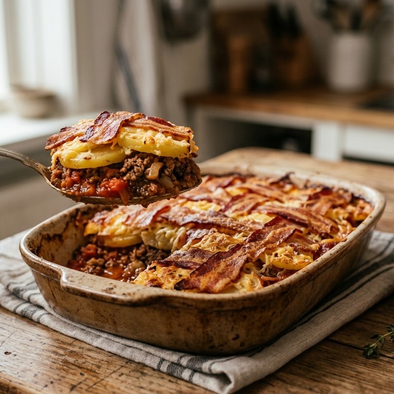 Aardappel-gehaktschotel met spekkorst recept