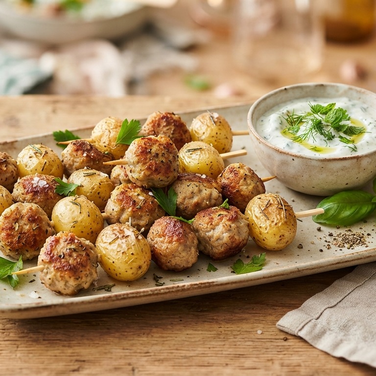 Aardappel-gehaktspiesjes met dip voor buffet recept