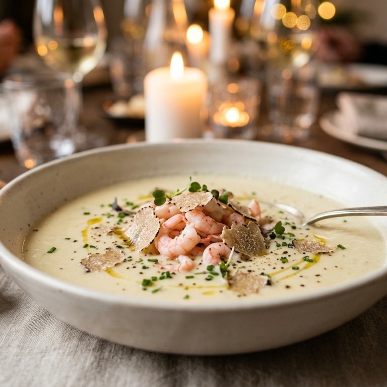 Aardappel-truffelsoep met garnalen recept