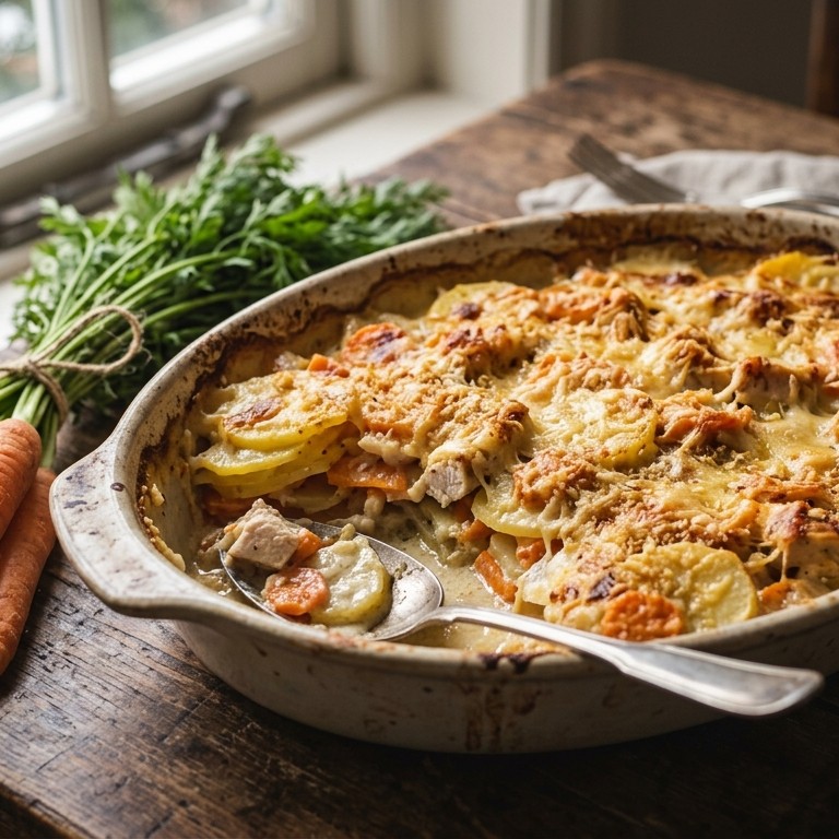 Aardappel-wortelgratin met kip recept