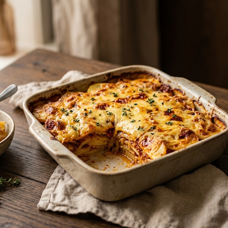 Aardappelgratin met ui, pesto en crème fraîche recept