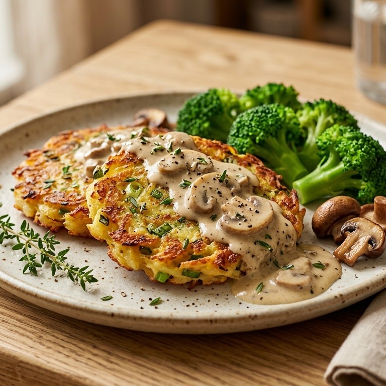 Aardappelkoekjes met broccoli en champignonsaus recept