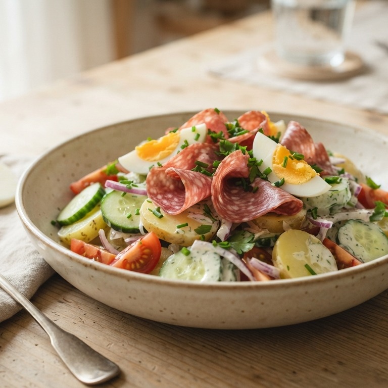 Aardappelkomkommersalade met salami en ei recept