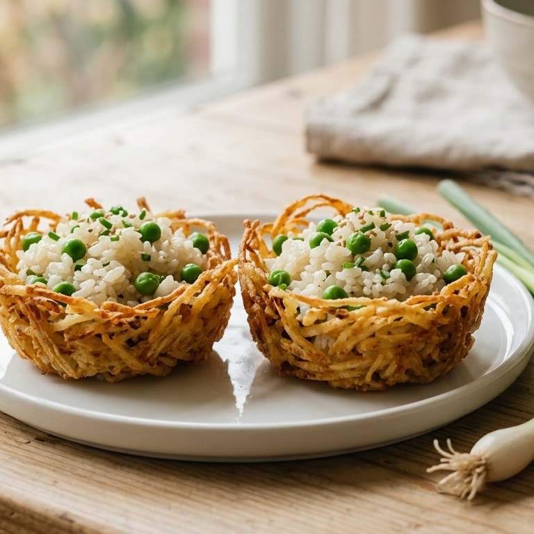 Aardappelmandje gevuld met sakerijst en doperwten recept
