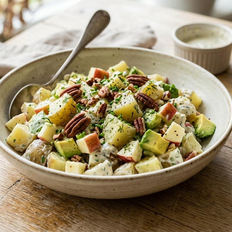 Aardappelsalade met appel, avocado en pecannoten recept