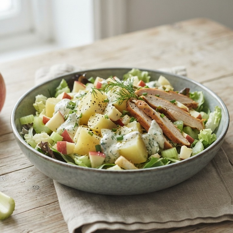 Aardappelsalade met appel en gerookte kip recept
