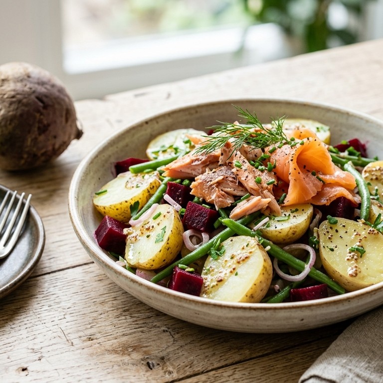 Aardappelsalade met bietjes en gerookte vis recept