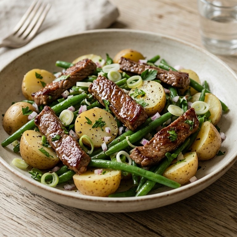 Aardappelsalade met boontjes en runderreepjes recept