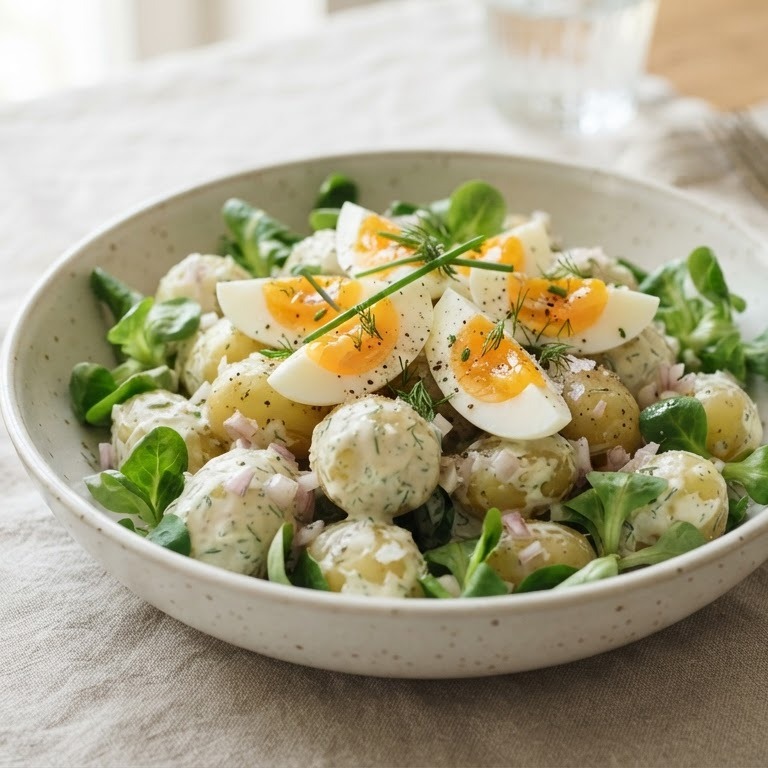 Aardappelsalade met creme fraiche, sjalot en veldsla recept
