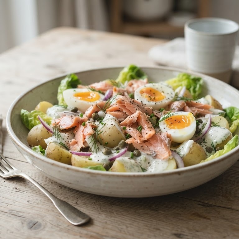 Aardappelsalade met gerookte forel en ei recept