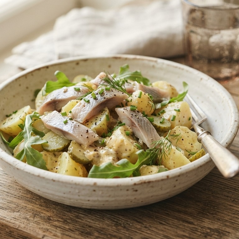 Aardappelsalade met gerookte haring en mosterd recept