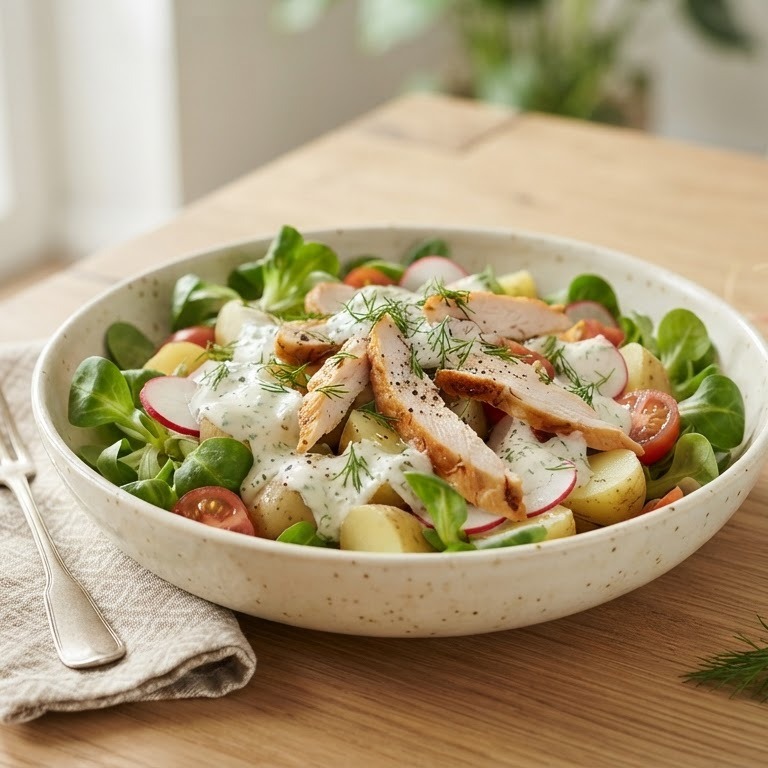 Aardappelsalade met gerookte kip en dilledressing recept