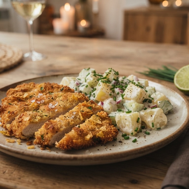 Aardappelsalade met krokante schnitzel recept