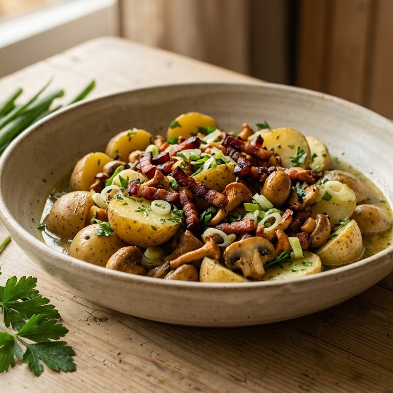 Aardappelsalade met rookspek en champignons recept