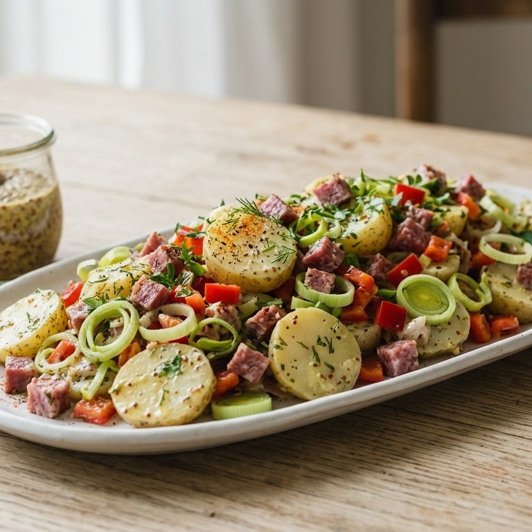Aardappelsalade met salami, prei en paprika recept