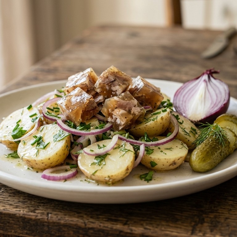 Aardappelsalade met zure zult recept