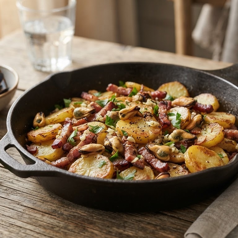 Aardappelschijfjes met spek en mosselen recept