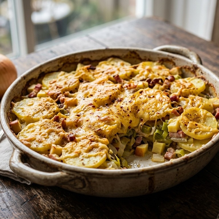 Aardappelschotel met prei en kaas recept