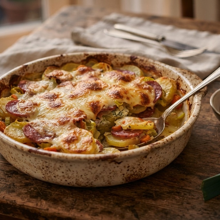 Aardappelschotel met salami recept