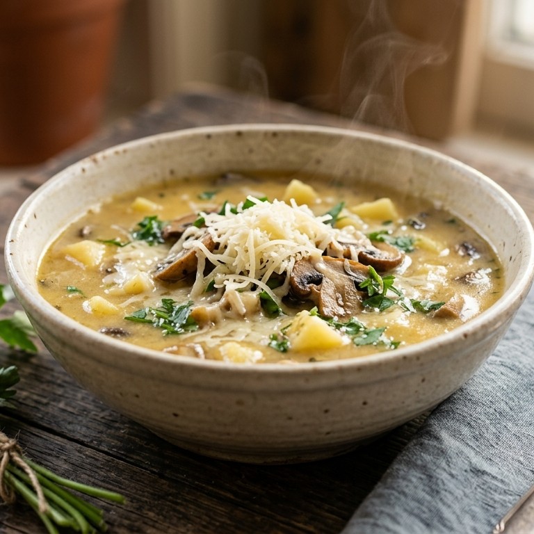 Aardappelsoep met champignons en geraspte kaas recept