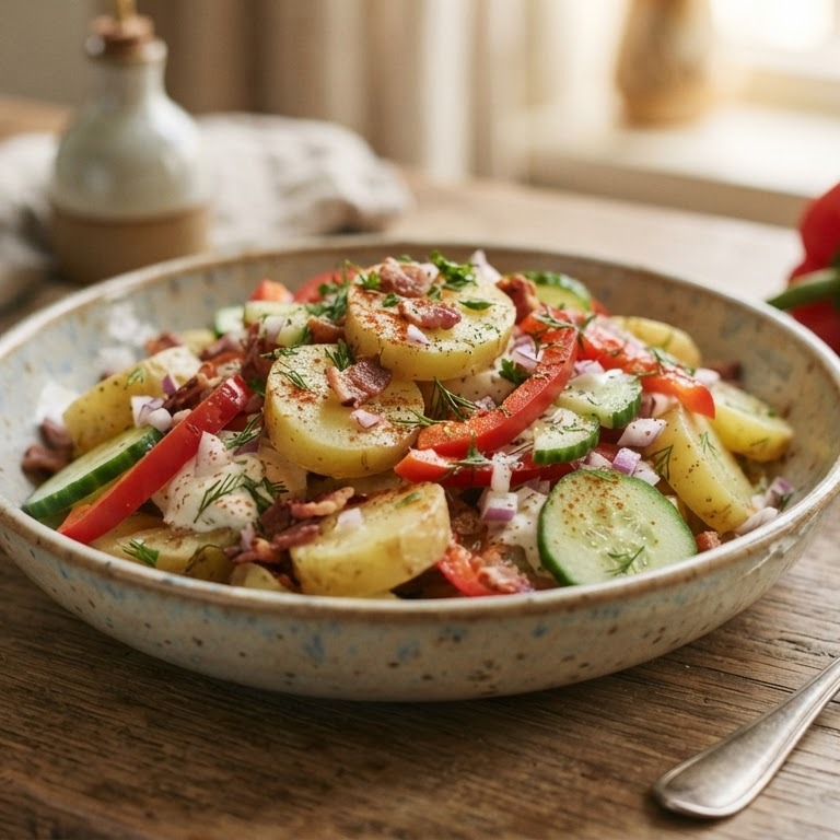 Aardappelspeksalade met paprika recept