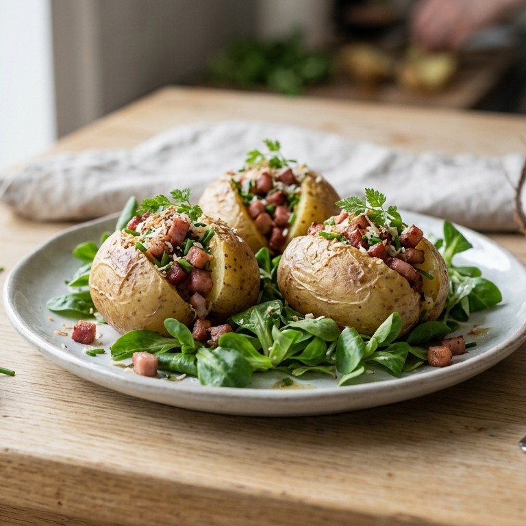 Aardappeltjes in de schil gevuld  met Breydelspekjes, fijne kruiden en kokosnoot recept