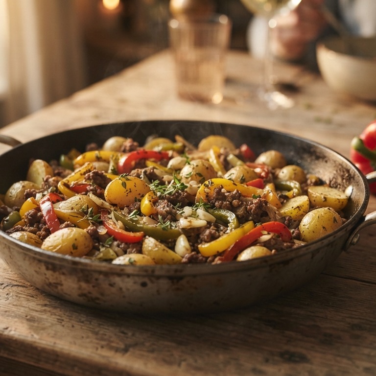 Aardappeltjes met gehakt en driekleurenpaprika recept