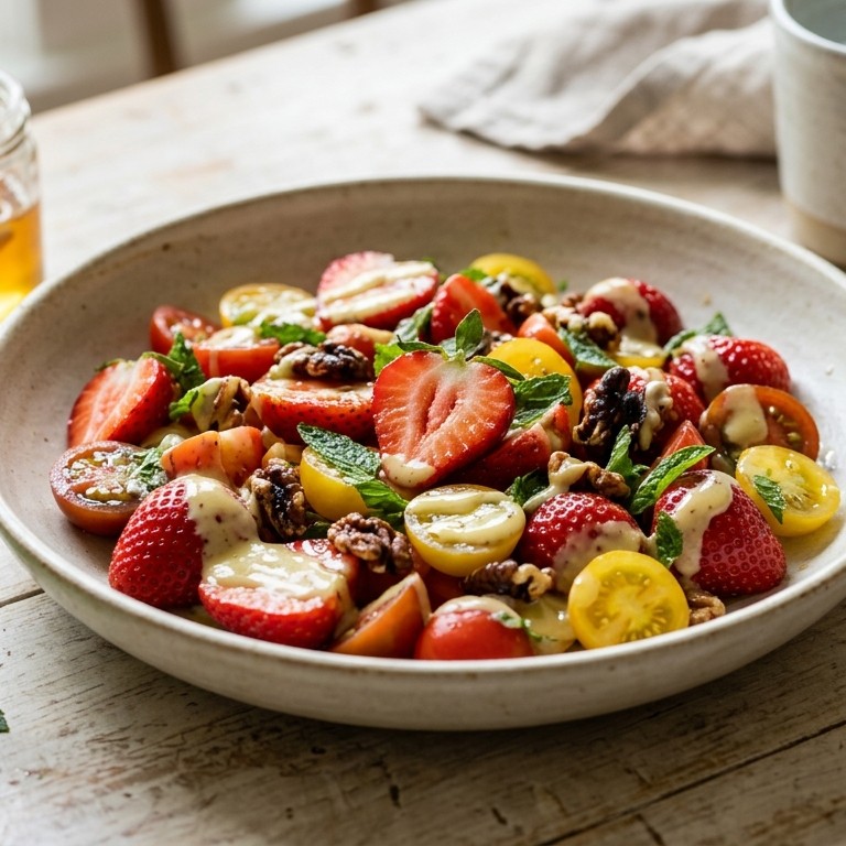 Aardbei-tomaat-salade met mosterddressing recept