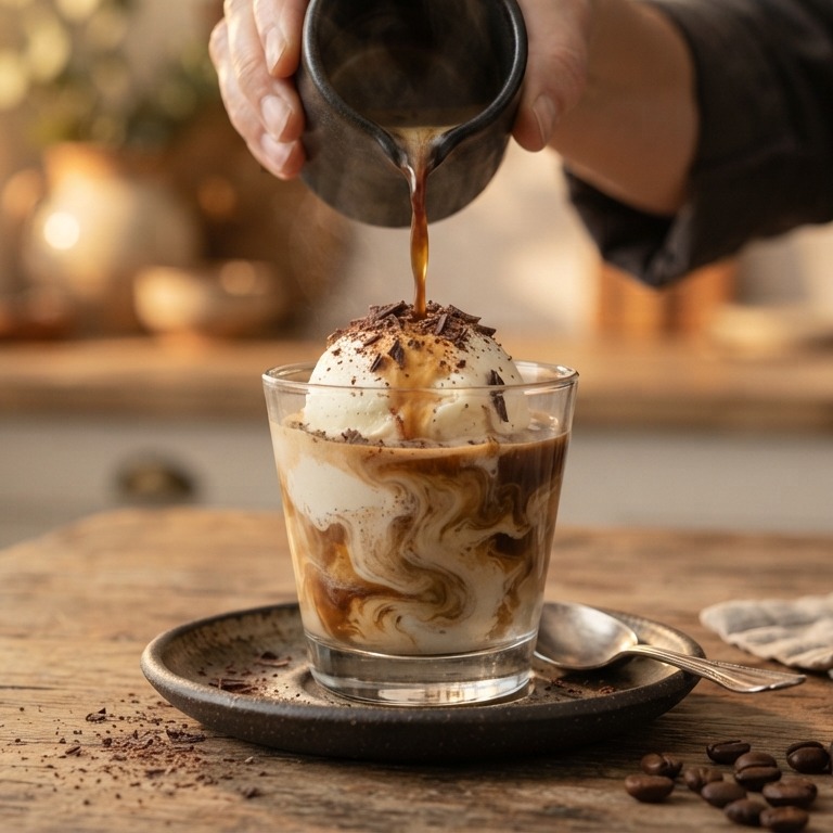 Affogato van vanille ijs met espresso en chocolade recept