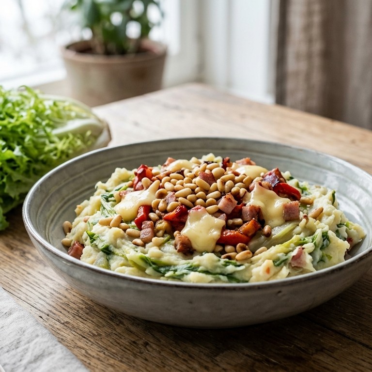 Andijviestamppot met pijnboompitten, kaas en spekjes recept