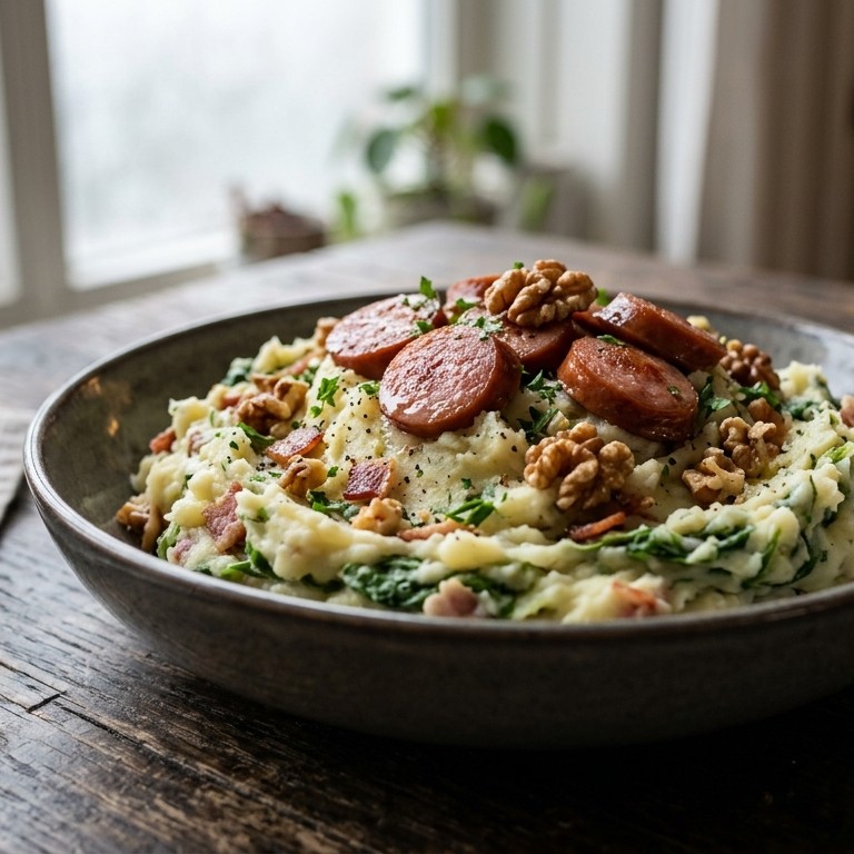 Andijviestamppot met walnoten en rookworst recept
