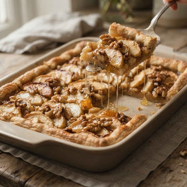 Appeltaart van de bakplaat met honing en walnoten recept
