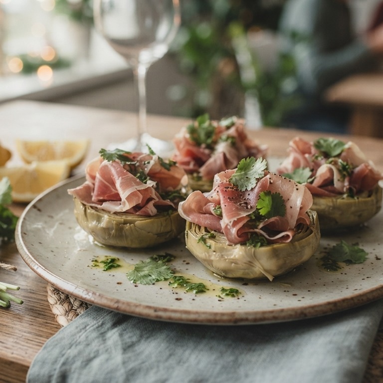 Artisjokbodems met rauwe ham en koriandervinaigrette recept