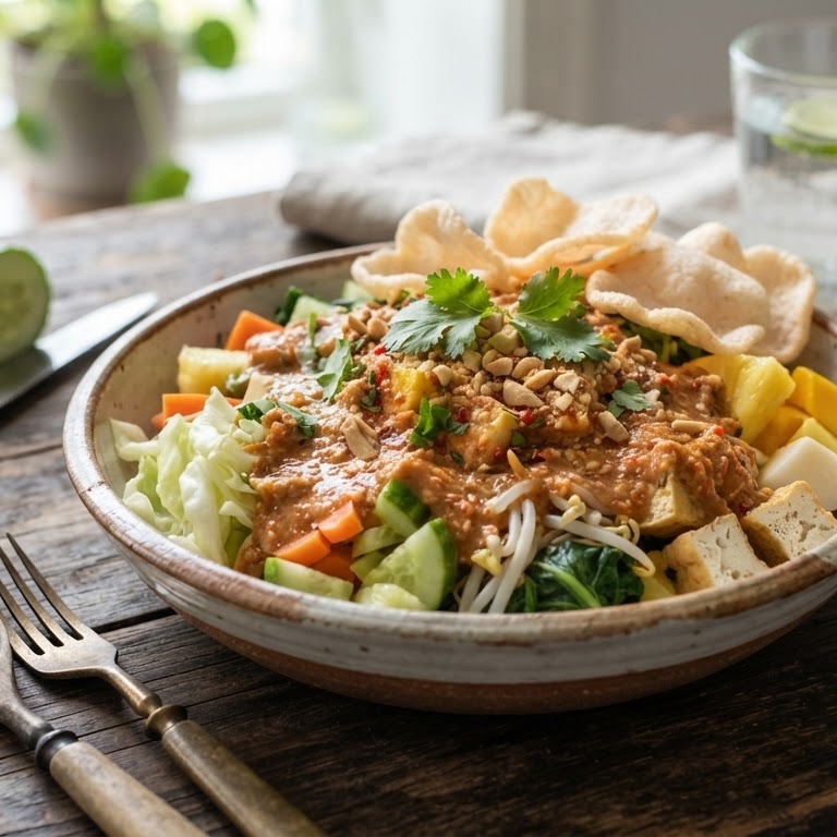 Asinan Jakarta (gemengde groente en fruit met zure pindasaus) recept