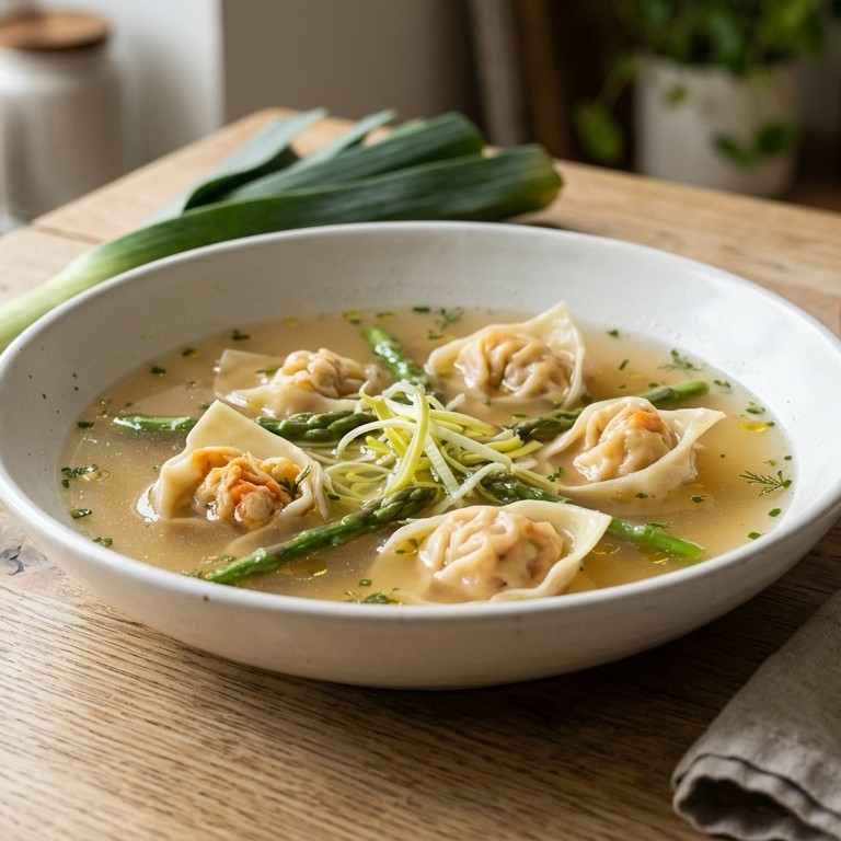 Aspergebouillon met gevulde wontons recept