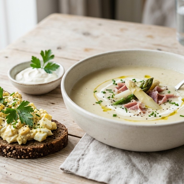 Aspergeroomsoep met sneetje Limburgs roggebrood en eiersalade recept