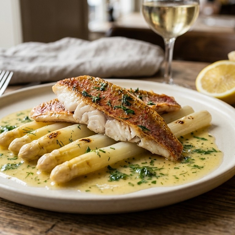 Asperges met rode mul en wittewijnsaus recept
