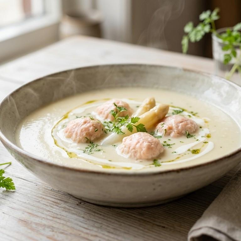 Aspergesoep met zalmballetjes recept