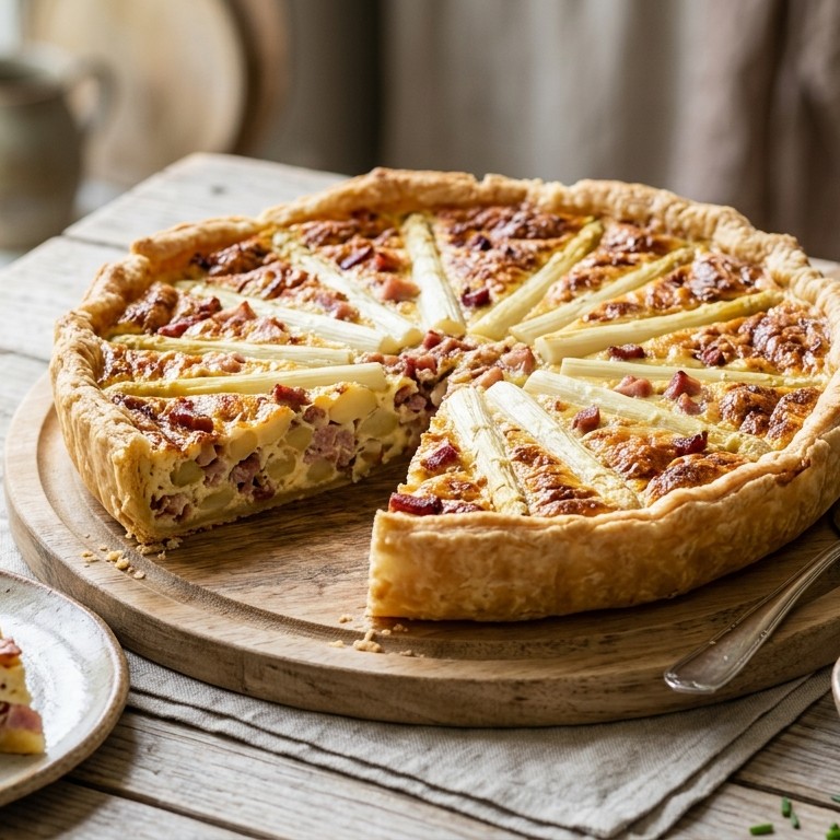 Aspergetaart met bacon, schouderham en geraspte belegen kaas recept