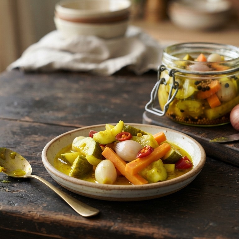 Atjar kuning (zoet zure komkommer en sjalotjes) recept