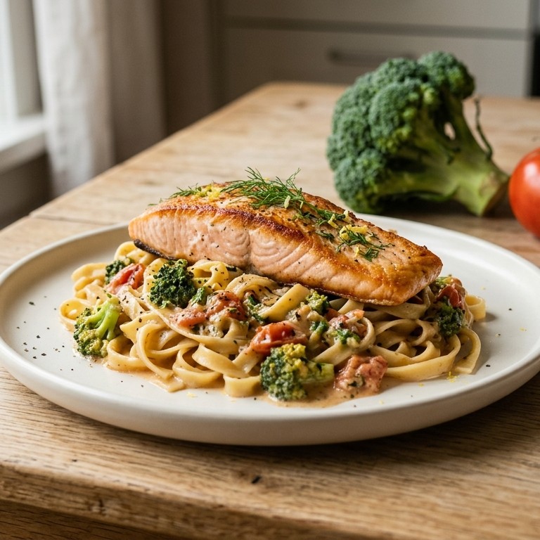 Atlantische zalm met pasta en ragout van broccoli recept