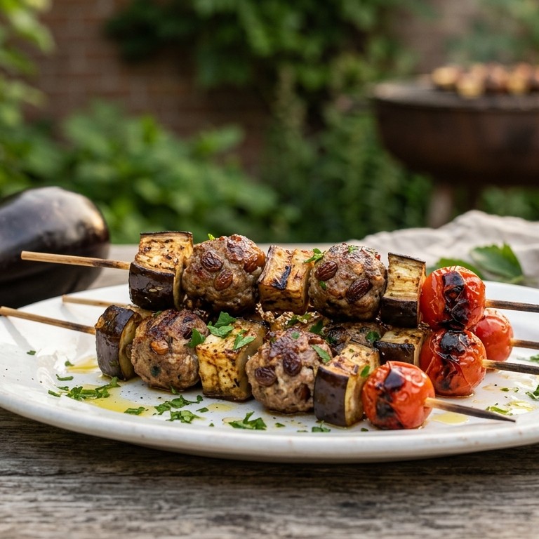 Aubeergine-gehakt-tomaat-spiezen recept