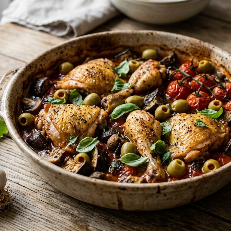 Aubergine-kipschotel met olijven recept
