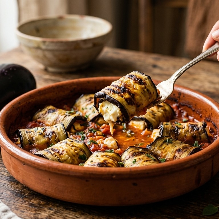 Auberginerolletjes met feta in tomatensaus recept