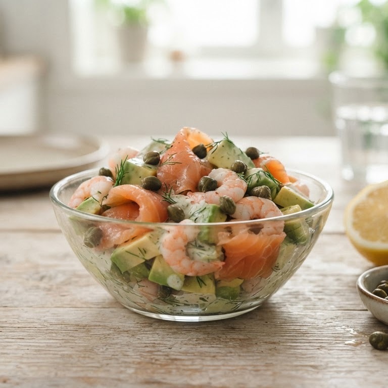 Avocadosalade met gerookte zalm en garnalen recept