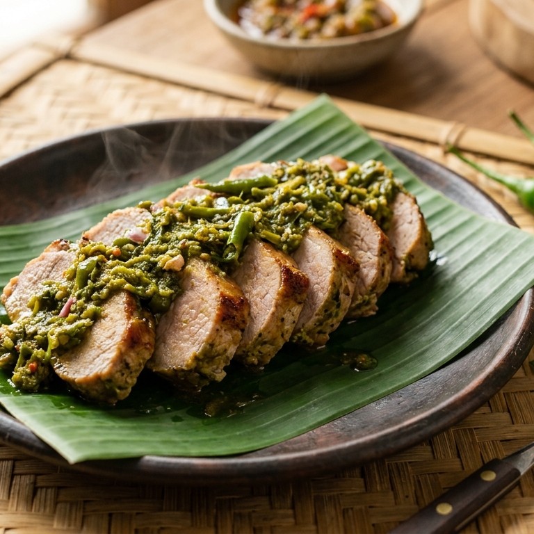 Babi boemboe hijau (varkenshaas met groene boemboe) recept